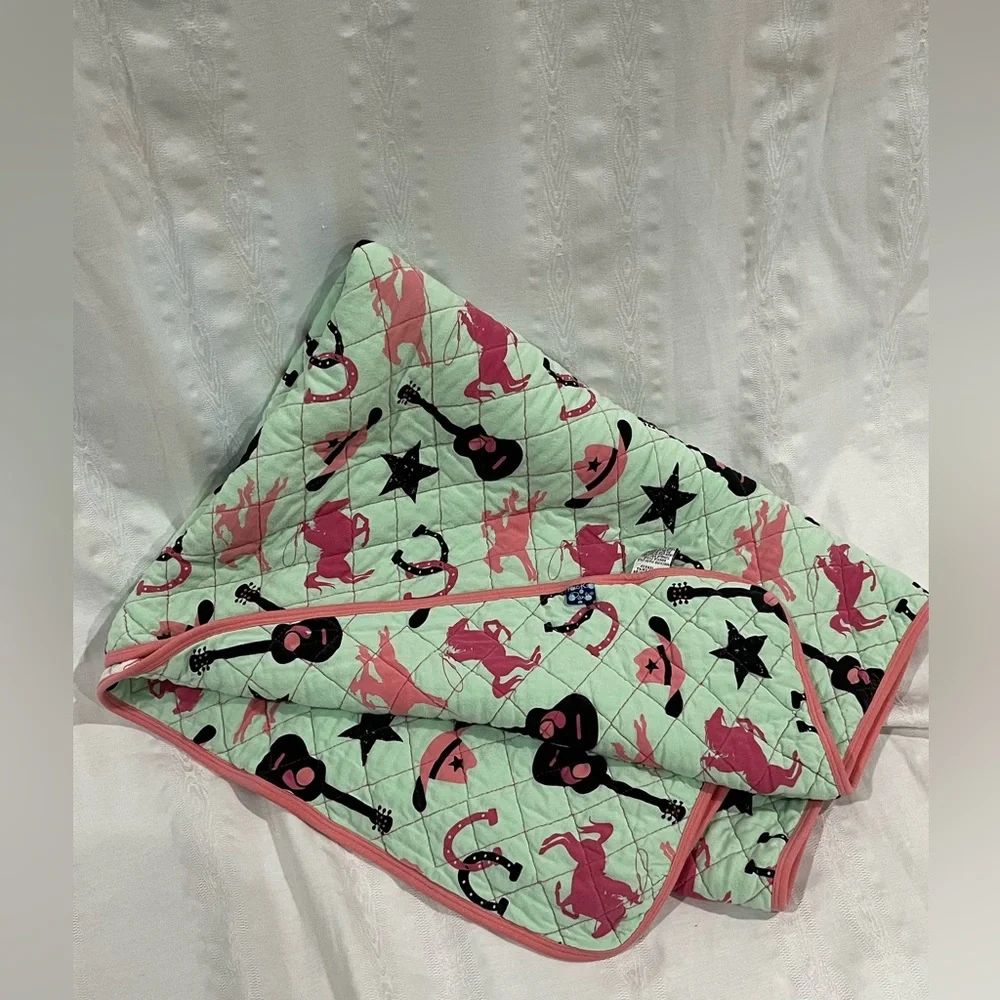 KICKEE PANTS Pink and Black Western Cowgirl Print Quilted BABY BLANKET, 52”x 32”